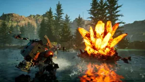 Un mech di Synduality: Echo of Ada in una zona di raccolta risorse del gioco di Bandai Namco