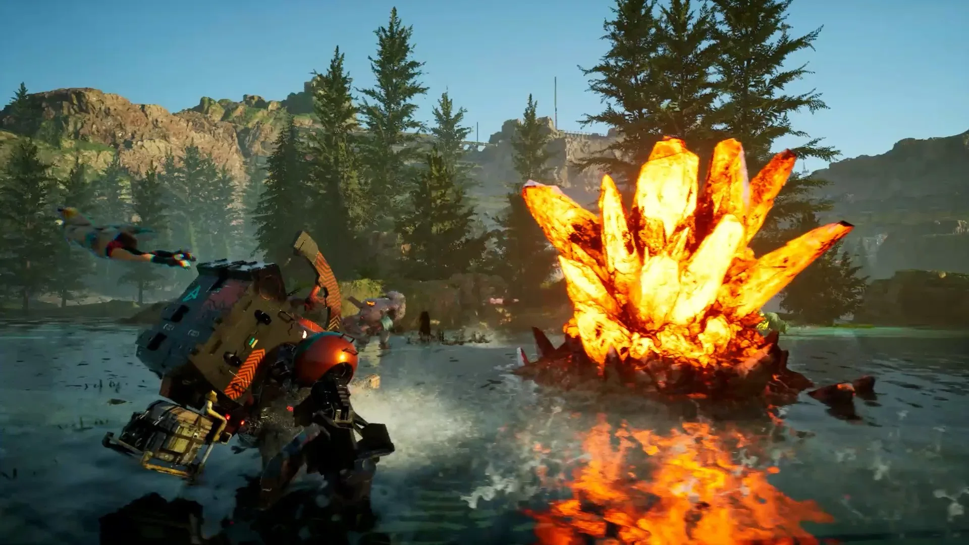 Un mech di Synduality: Echo of Ada in una zona di raccolta risorse del gioco di Bandai Namco