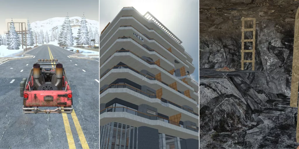 7 days to die split image of a playing driving a car a tall building and an underground space