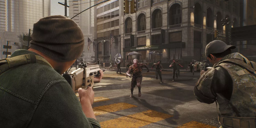 the day before players shooting zombies in a third person view on a junction in a city surrounded by skyscrapers