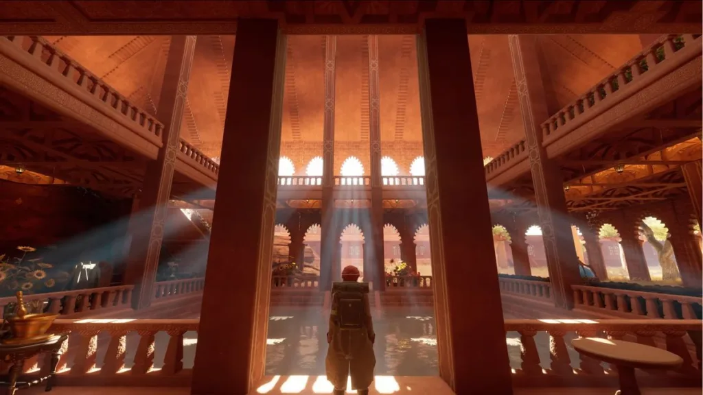 Player stands in a vast, ornate palace with light beams shining down.