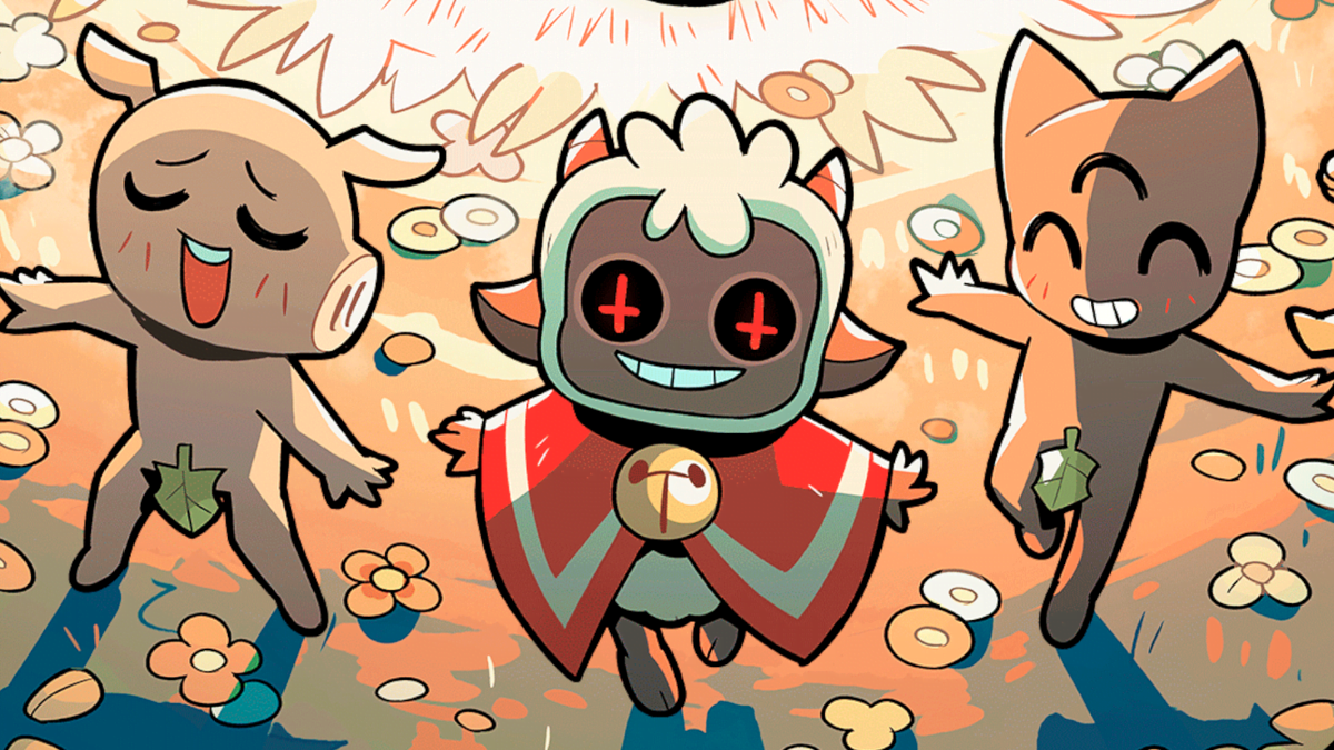 Several anthropomorphic characters from Cult of the Lamb dance around a fire in the buff.