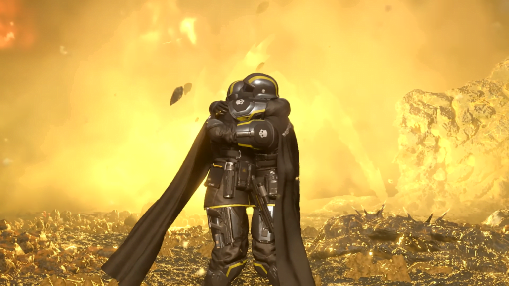 Helldivers 2 two characters hugging as an explosion detonates in the background