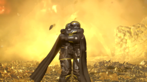 Helldivers 2 two characters hugging as an explosion detonates in the background