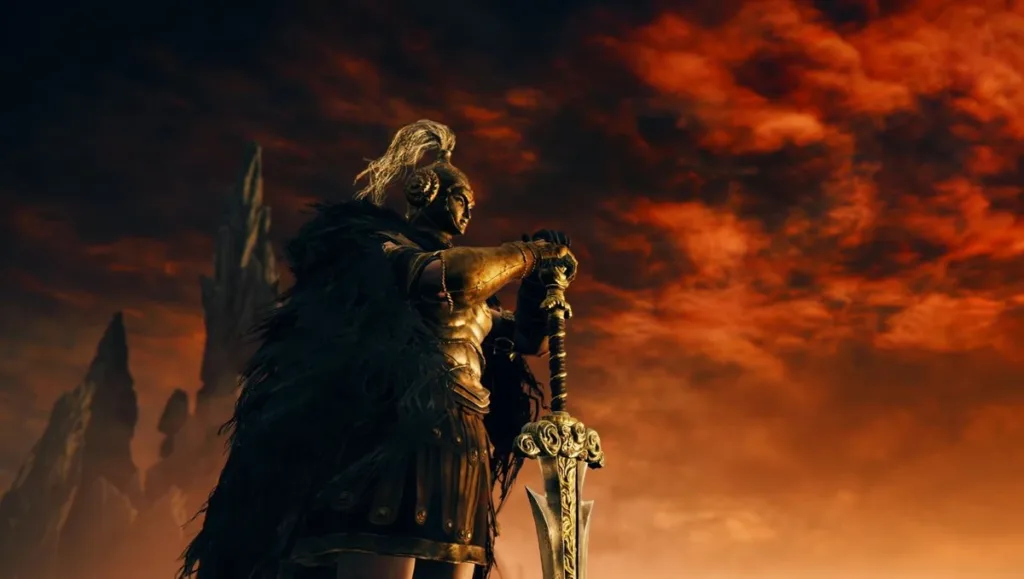 Il director di Elden Ring afferma che le nuove armi dell'espansione sono "un punto di forza", tra cui scudi a doppia lama, spade ninja a impugnatura inversa e arti marziali acrobatiche 2 Man in golden hoplite armor with great sword on orange sky