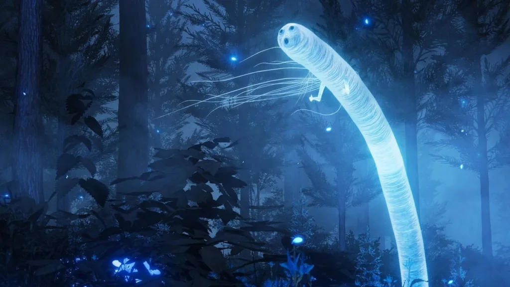 Tutti amano il simpatico verme luminoso che arriverà nel DLC di Elden Ring, ma siamo anche terrorizzati che gli accada qualcosa di brutto 8 Glowing ethereal worm with simple surprised face and tiny hands in shrouded blue forest
