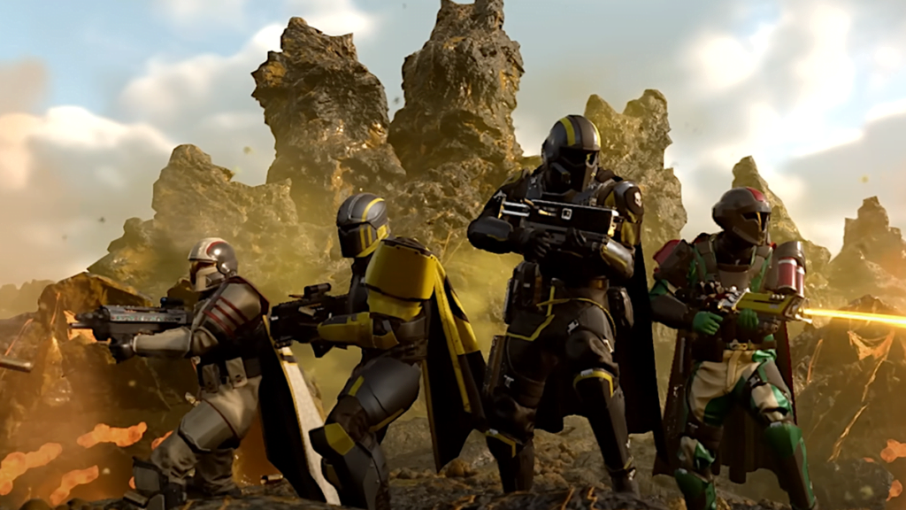 Più di 180.000 giocatori di Helldivers 2 stanno prendendo d'assalto un unico pianeta e sono sulla buona strada per liberarlo in meno di 24 ore, a meno che il malefico DM di Arrowhead non diventi di nuovo cattivo 58 A squad of heroic helldivers stood back-to-back, firing weapons at bugs in Helldivers 2.
