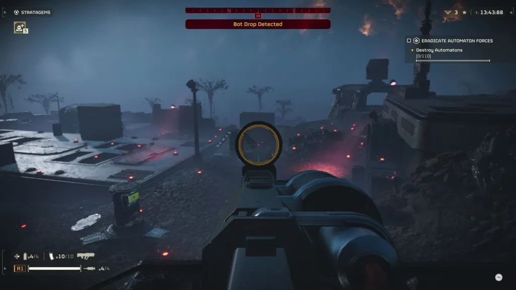 Aiming down sights at a minefield in Helldivers 2.