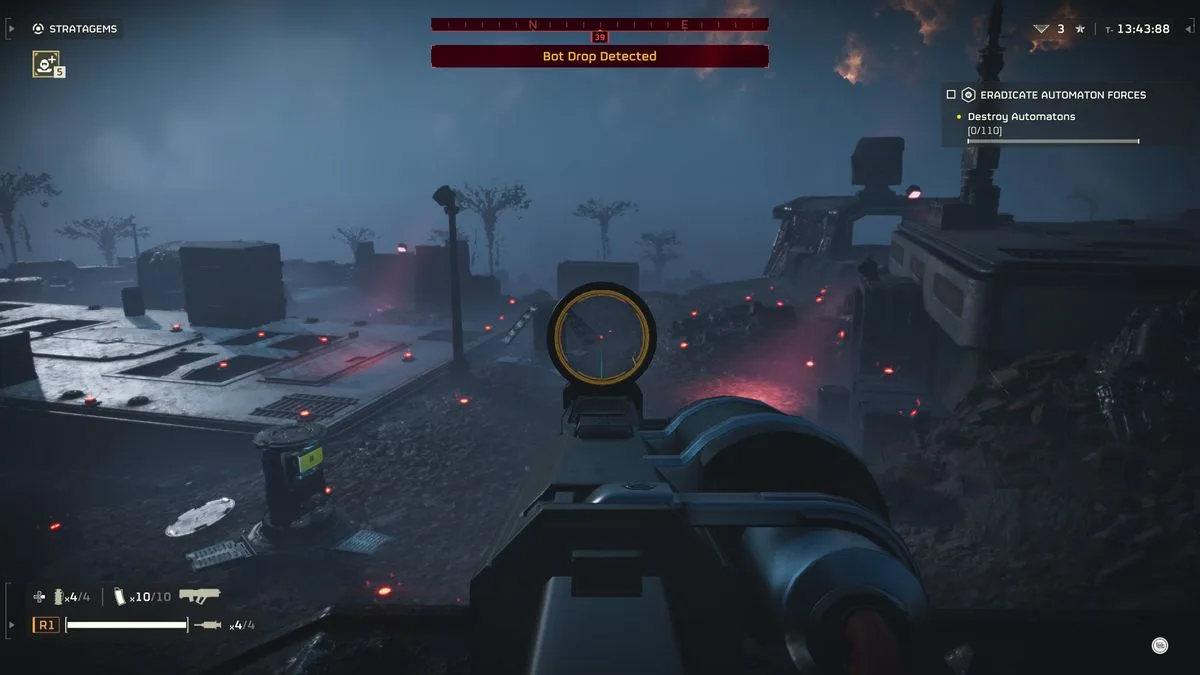Aiming down sights at a minefield in Helldivers 2.