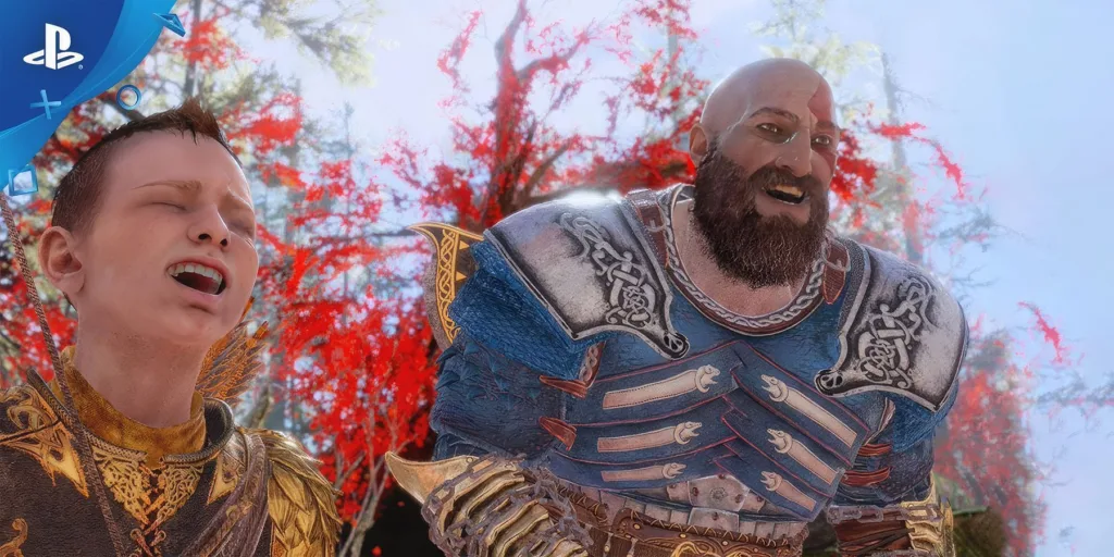 kratos and atreus from 2018 god of war looking happy next to playstation logo emblem
