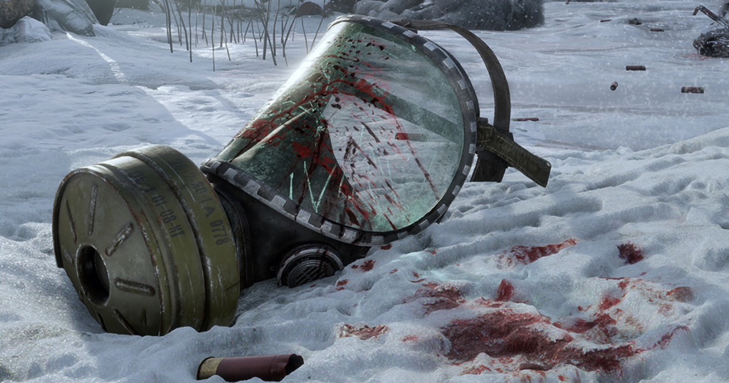 metro exodus gas mask snow blood