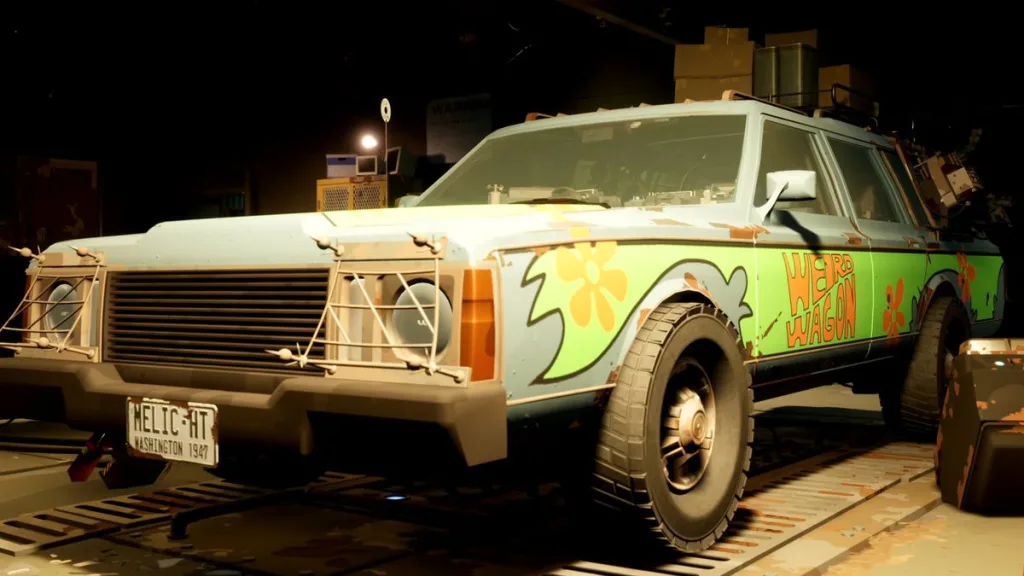 A station wagon in a garage