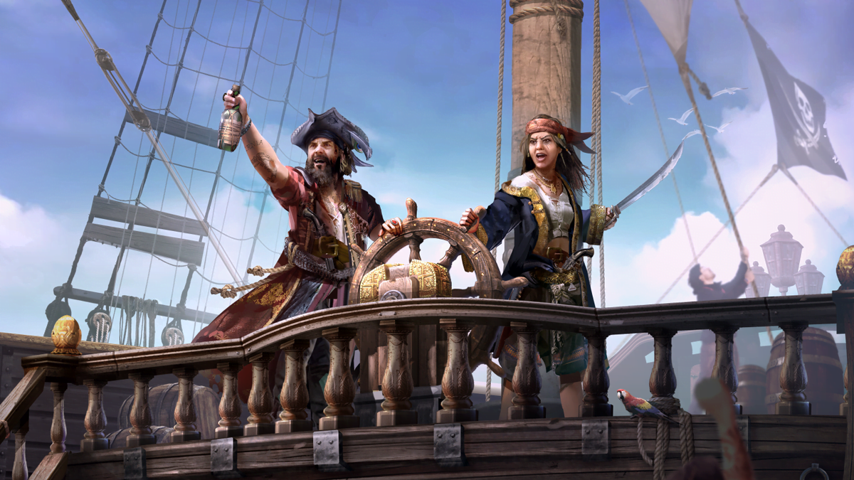 Two pirates at the wheel of a ship in Tortuga - A Pirate
