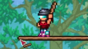 Un personaggio di Terraria con i pattini a rotelle su una piattaforma di legno fra le chiome degli alberi