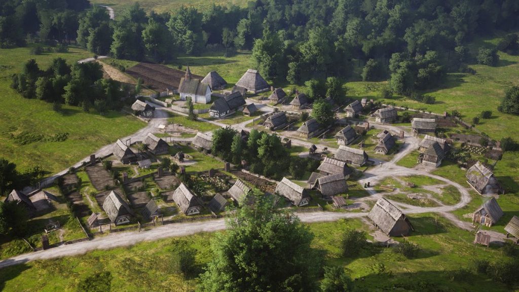 Manor Lords: Come ottenere più famiglie e far crescere la popolazione 4 Manor Lords families - A town from above