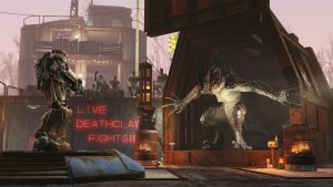 Uno scontro a fuoco in Fallout 4, una delle serie che il sondaggio Xbox immagina come esclusiva