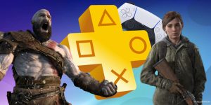 Kratos, Ellie, un controller DualSense e il logo di PlayStation Plus