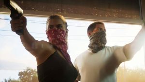 Artwork di GTA 6 con i due protagonisti su uno sfondo in stile Vice City