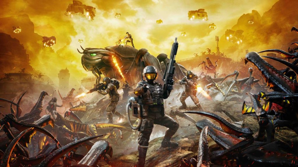 Lo sparatutto cooperativo ufficiale Starship Troopers ha una data di uscita completa, Casper Van Dien e un sistema di accumulo di cadaveri che sembra assurdo 27 A starship trooper points into the camera while being attacked by bugs on all sides.