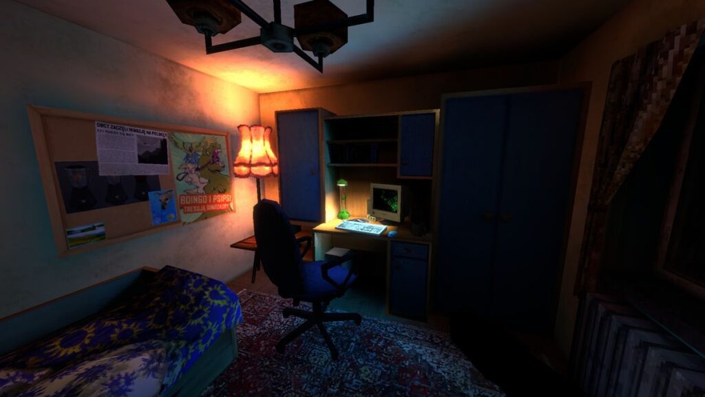 Ecco un walking sim gratuito, sulle investigazioni nel mondo dei criptidi, che emana un'atmosfera da primi anni 2000, con tanto di forum fasulli 3 A bedroom with an old-fashioned PC.