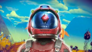 Un pianeta alieno di No Man's Sky con l'astronave del giocatore, dall'aggiornamento Worlds di Hello Games