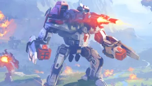 Un mech da guerra rosso e grigio spara durante una battaglia in Mechabellum