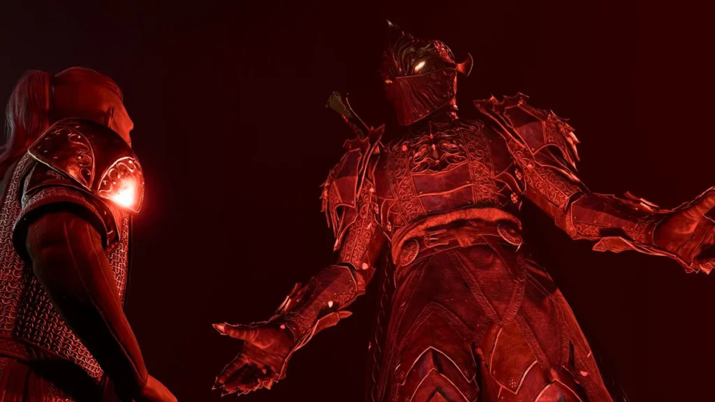 BG3 Oathbreaker Knight appears to fallen paladin in black void lit by red glow.