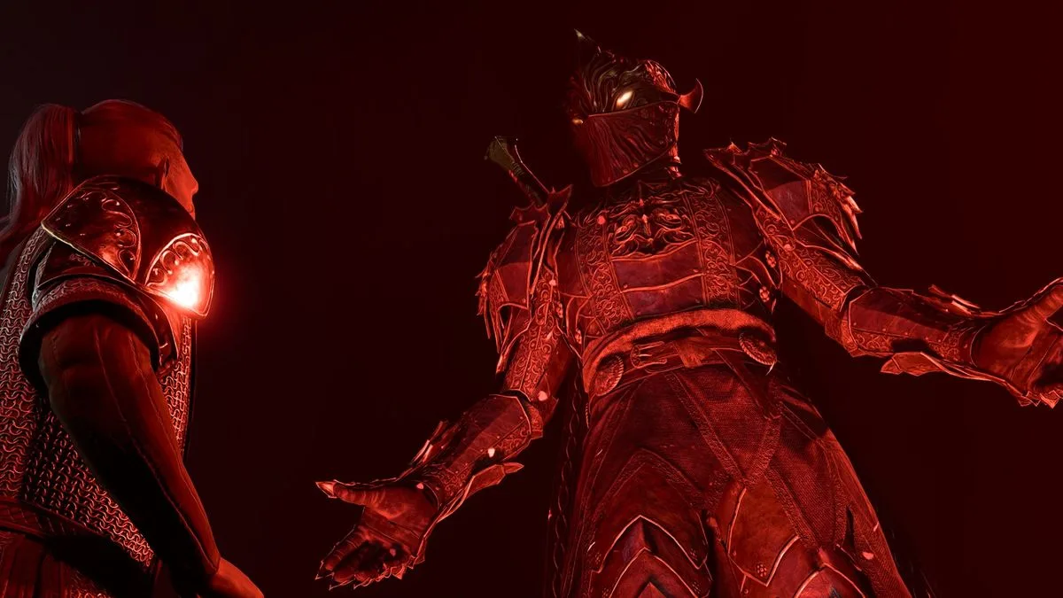BG3 Oathbreaker Knight appears to fallen paladin in black void lit by red glow.
