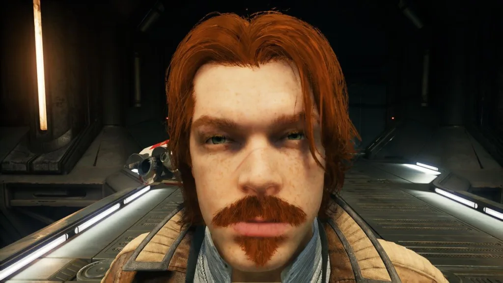 A close up of Cal Kestis' face in Star Wars Jedi: Survivor.