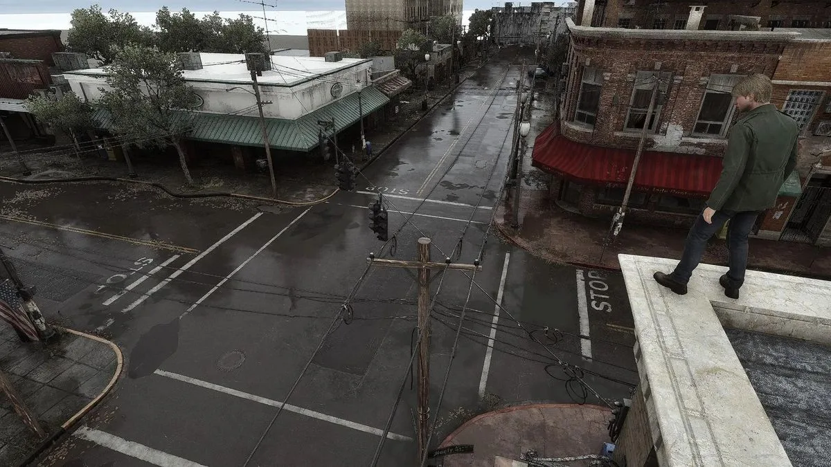 James looks from a rooftop at Silent Hill
