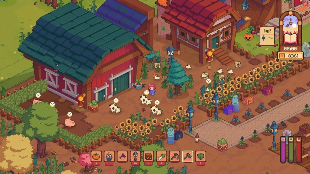 Il sim di fattoria stile Stardew (ma inquietante) Everholm viene lanciato a novembre 1 Everholm - Lilly feeds cows on a small farm lined with sunflowers