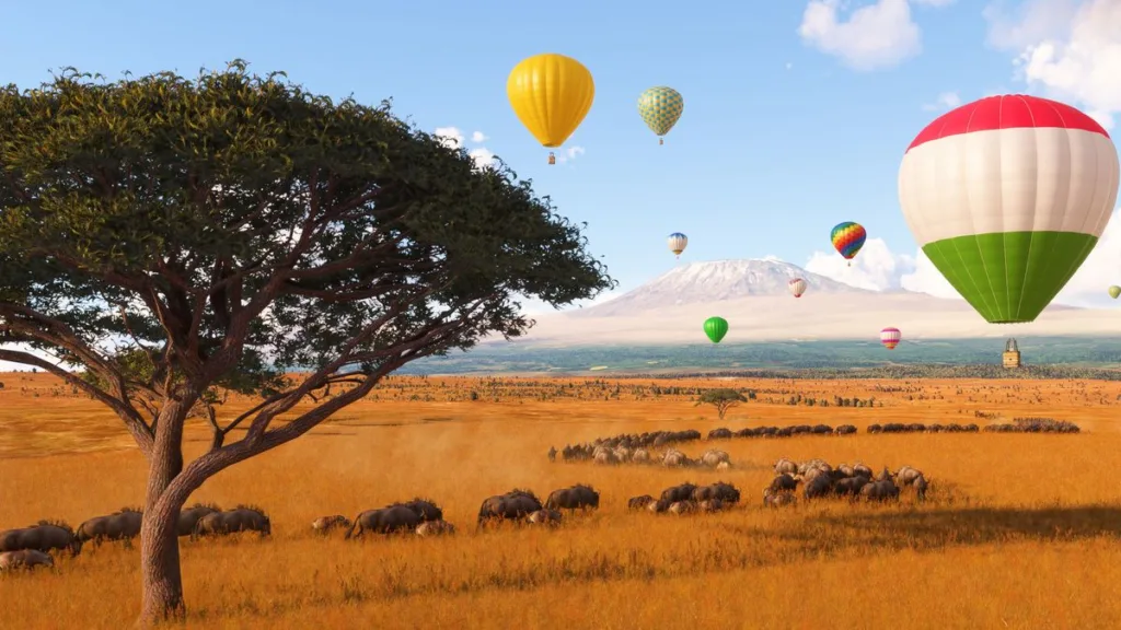 Microsoft Flight Simulator 2024 simulerà '3 trilioni di alberi' e prenderà in prestito tutti i suoi animali da Planet Zoo 2 Hot air balloons flying over trees and wildebeests
