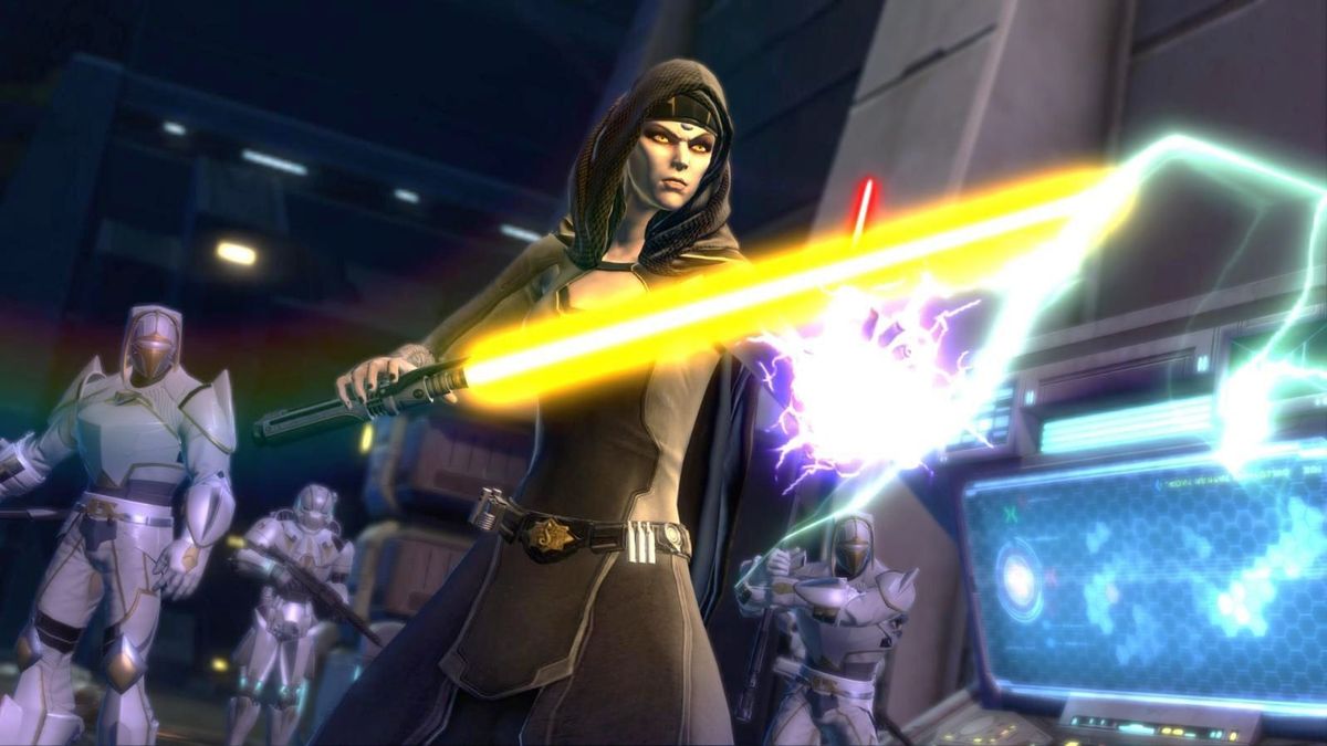 Star Wars: The Old Republic screen - some evil-looking Sith type with a lightsaber