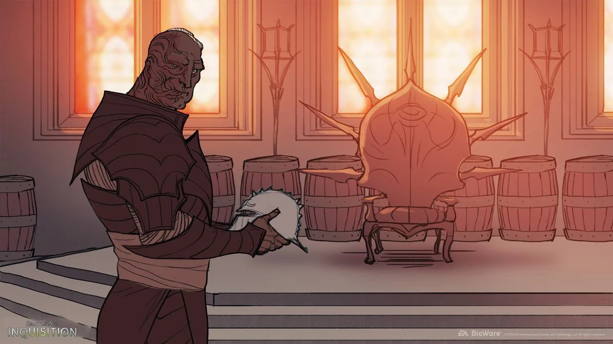 Inquisitor watching Skyhold explode from snowfields outside