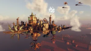 A flying city fighting off small airplanes