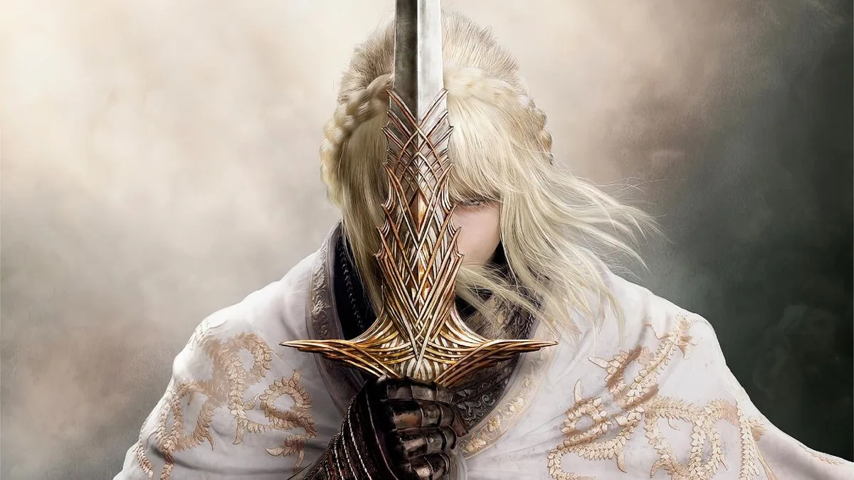 Knight in intricate armor holding sword partially obscuring face while holding helmet in other hand