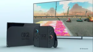 Una Nintendo Switch 2 vista dall'alto, la console che fa girare anche i giochi Switch