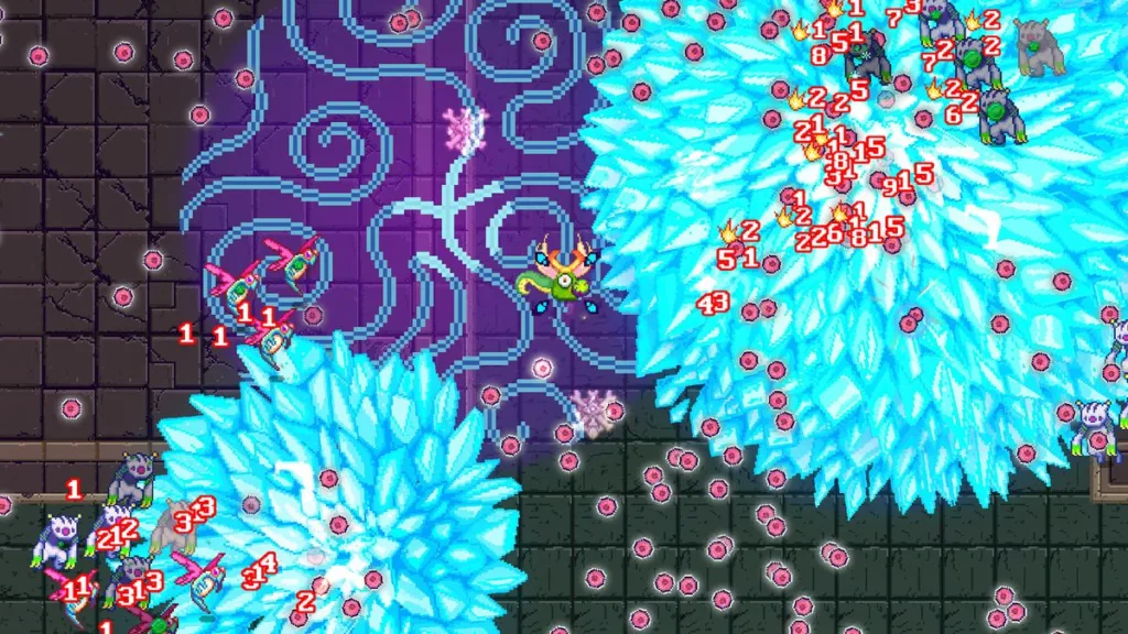 Questo bizzarro roguelike offre una nuova interpretazione della formula di Vampire Survivors: permette di costruire armi personalizzate usando cervelli, bulbi oculari e spine di scimpanzé 2 A series of large explosions in Bio Prototype.
