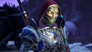 Avowed masked warrior lodwyn at night looking at camera