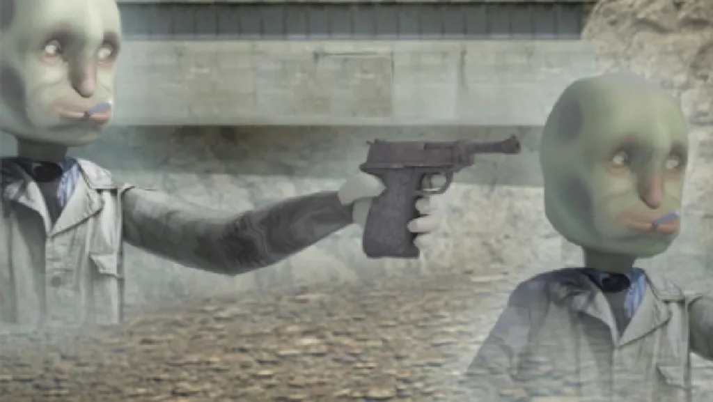 Straftat protagonist character pointing gun at other Straftat main character