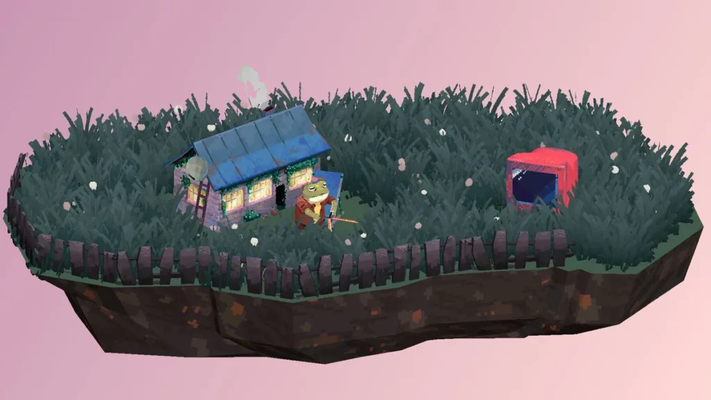 Ho già passato 25 ore con questo idle game dove una rana tagliaerba mi fa compagnia sul desktop 3 Ropuka cutting grass with a blue-roofed house and red television.