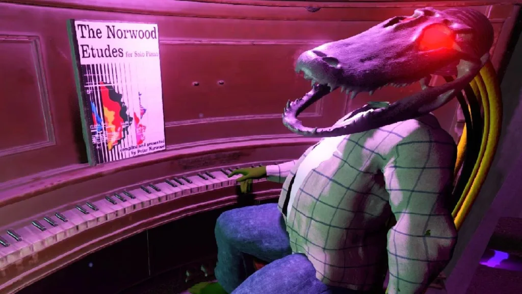Alligator skull with glowing eyes on human body and cords coming out sitting at piano with "The Norwood Etudes" ready to play