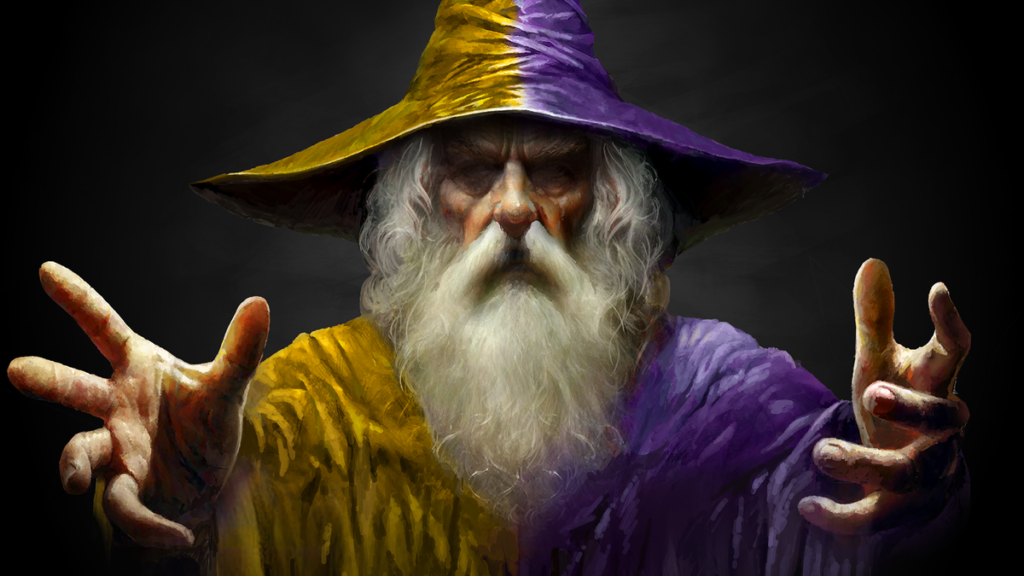 A wizard with an outfit split into orange and purple halves gestures at the camera against a black background.