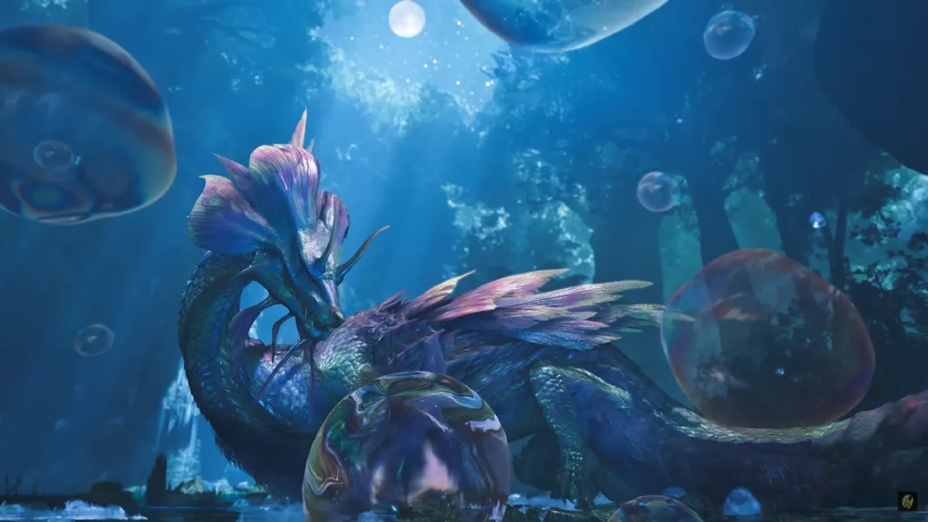 Mizutsune, the water wyvern from Monster Hunter Wilds, sits in a moonlit forest.