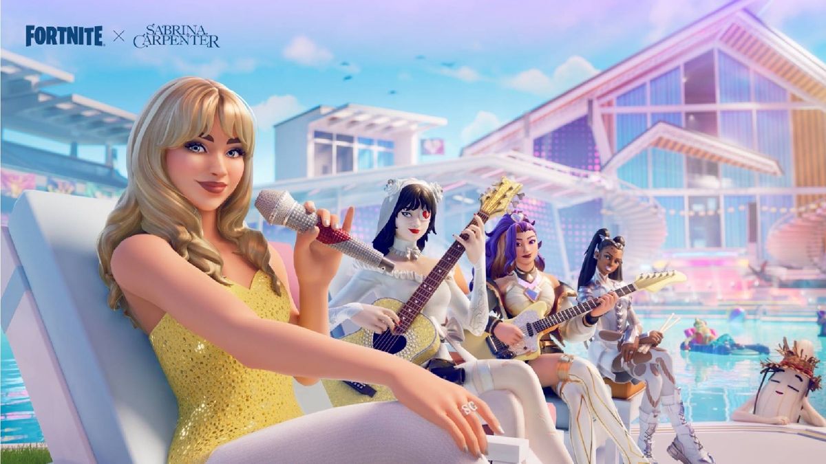 Sabrina Carpenter in Fortnite with a band on a beach chair