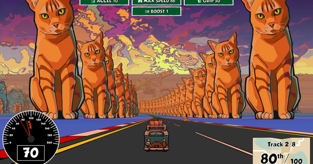 Ancora una volta, sono stato sorpassato da gatti tigrati enormi, grandi come edifici, in una gara automobilistica in Reality Drift 4 reality drift cat land 1024x538 jpg