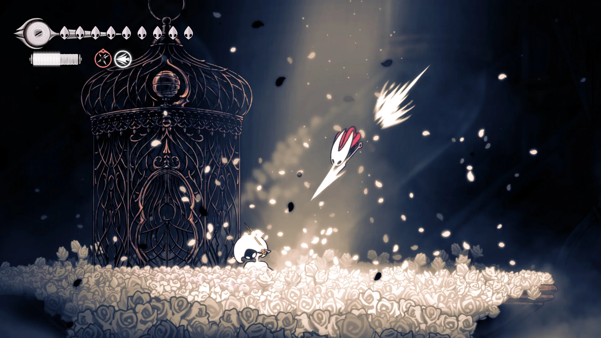 Hornet salta sopra la distesa innevata del Monte Fay in Hollow Knight Silksong