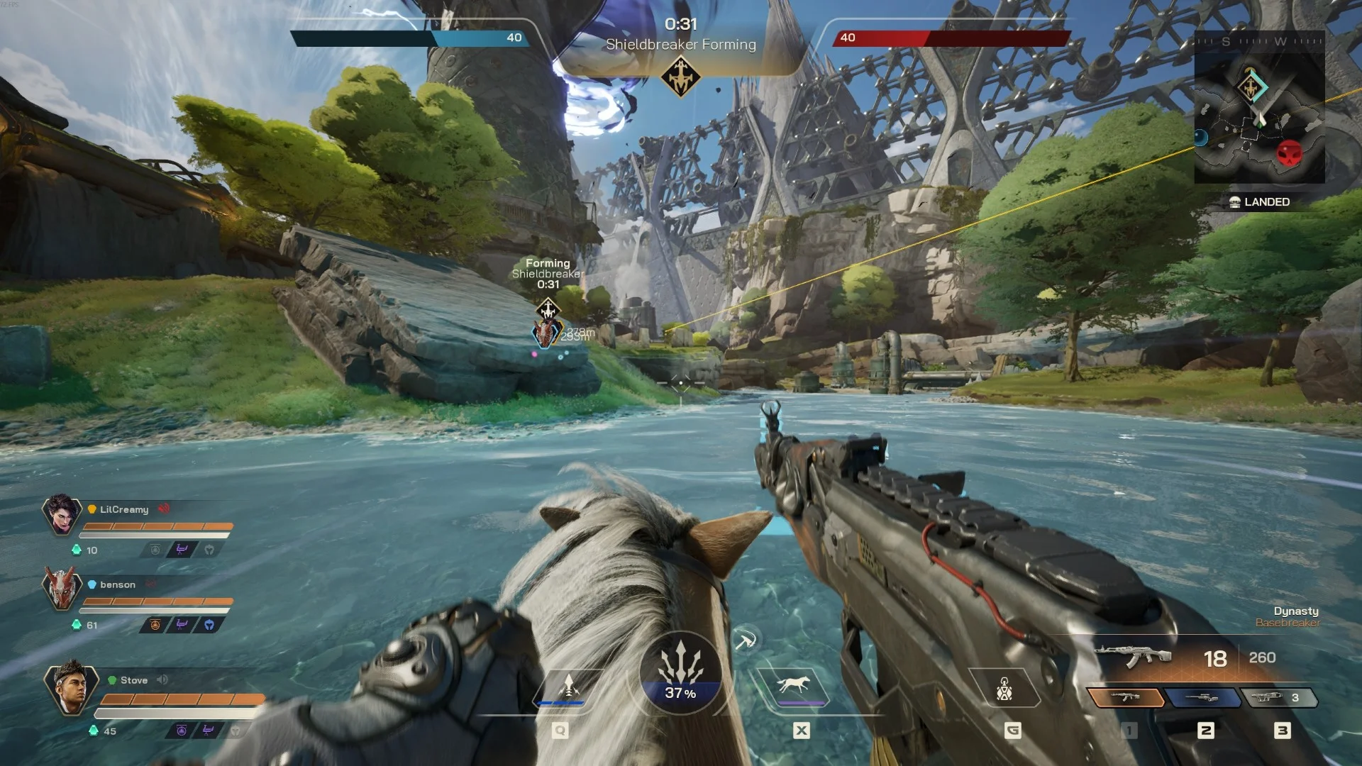 Riding a horse, fantasy AK-47 in hand, across a shallow river in Highguard.