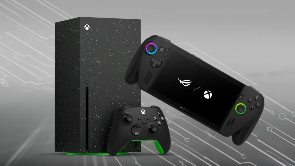 Una Xbox Series X con il controller e il portatile ROG Xbox Ally, l'hardware il cui prezzo medio negli Stati Uniti è al massimo storico