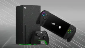 Una Xbox Series X con il controller e il portatile ROG Xbox Ally, l'hardware il cui prezzo medio negli Stati Uniti è al massimo storico